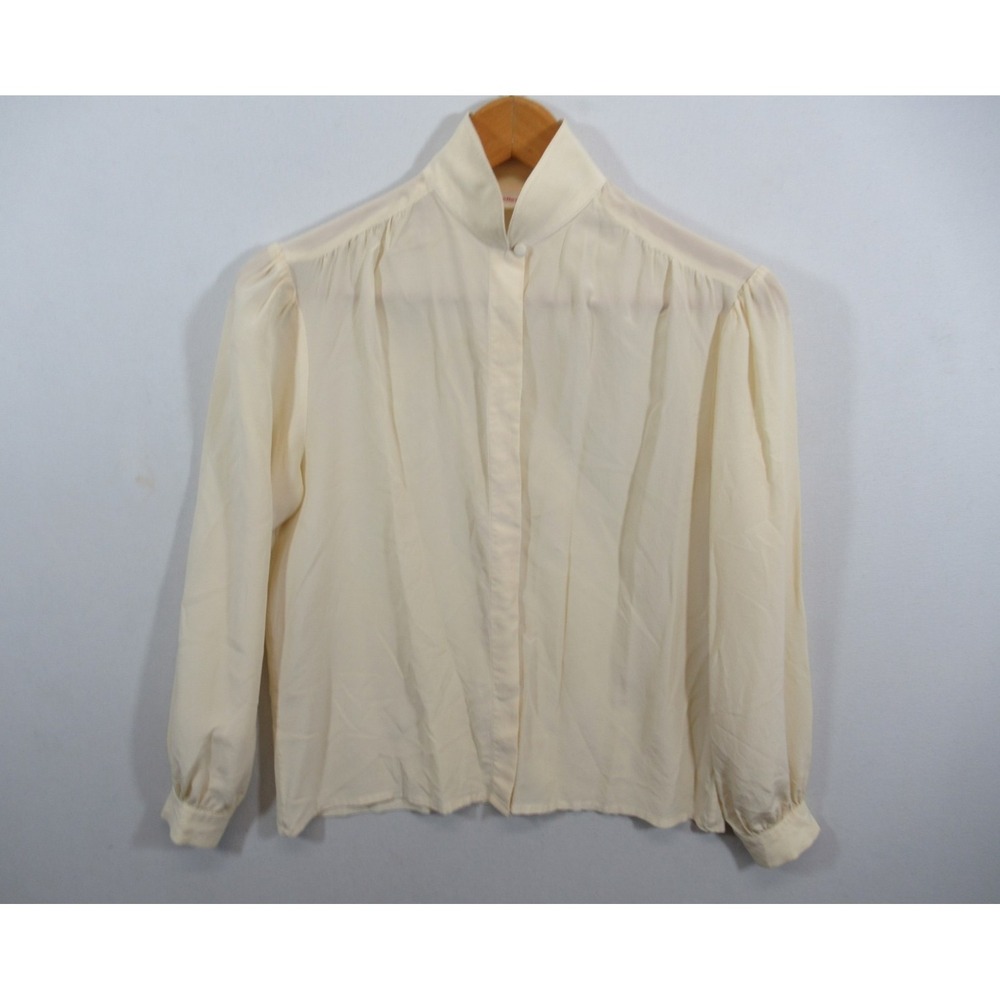 Vintage 80s Silk Chiffon High Neck Blouse Women 8 Ivory Long Puff Sleeve